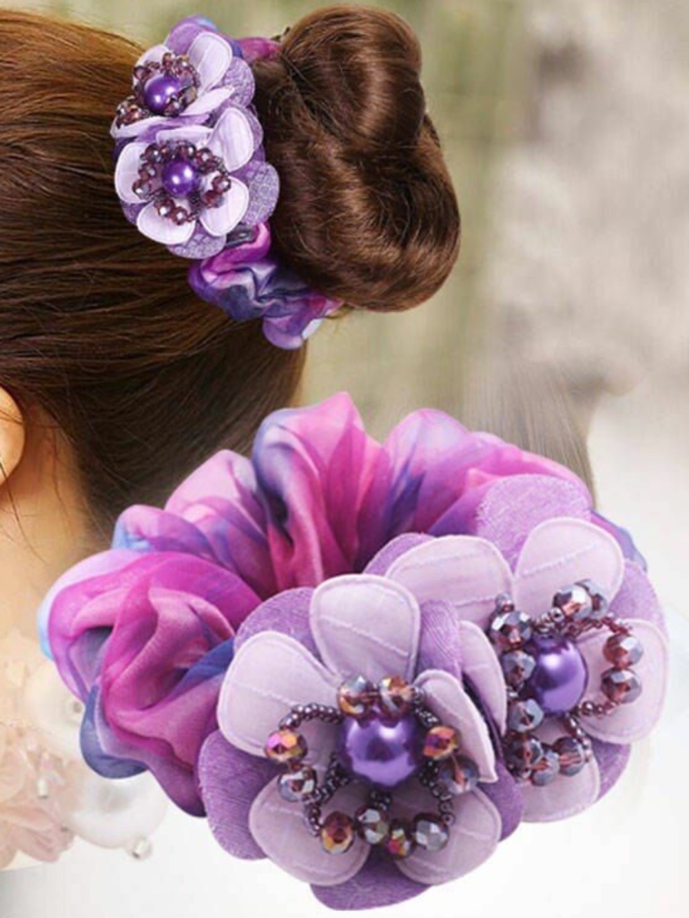 1pc Diamond Silk Elastic Hairband Gold Rimmed Pearl Scrunchie